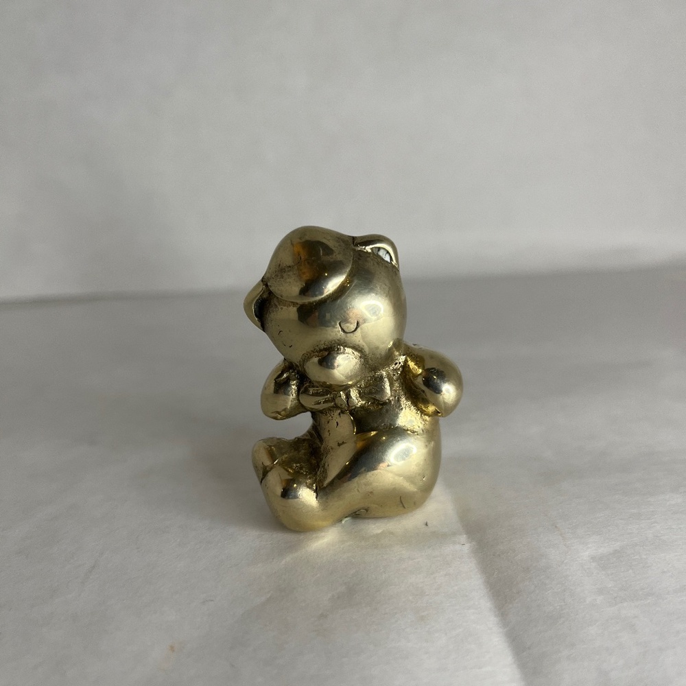Vintage Solid Brass Teddy Bear Wearing Bow Tie And Hat 2" Figurine